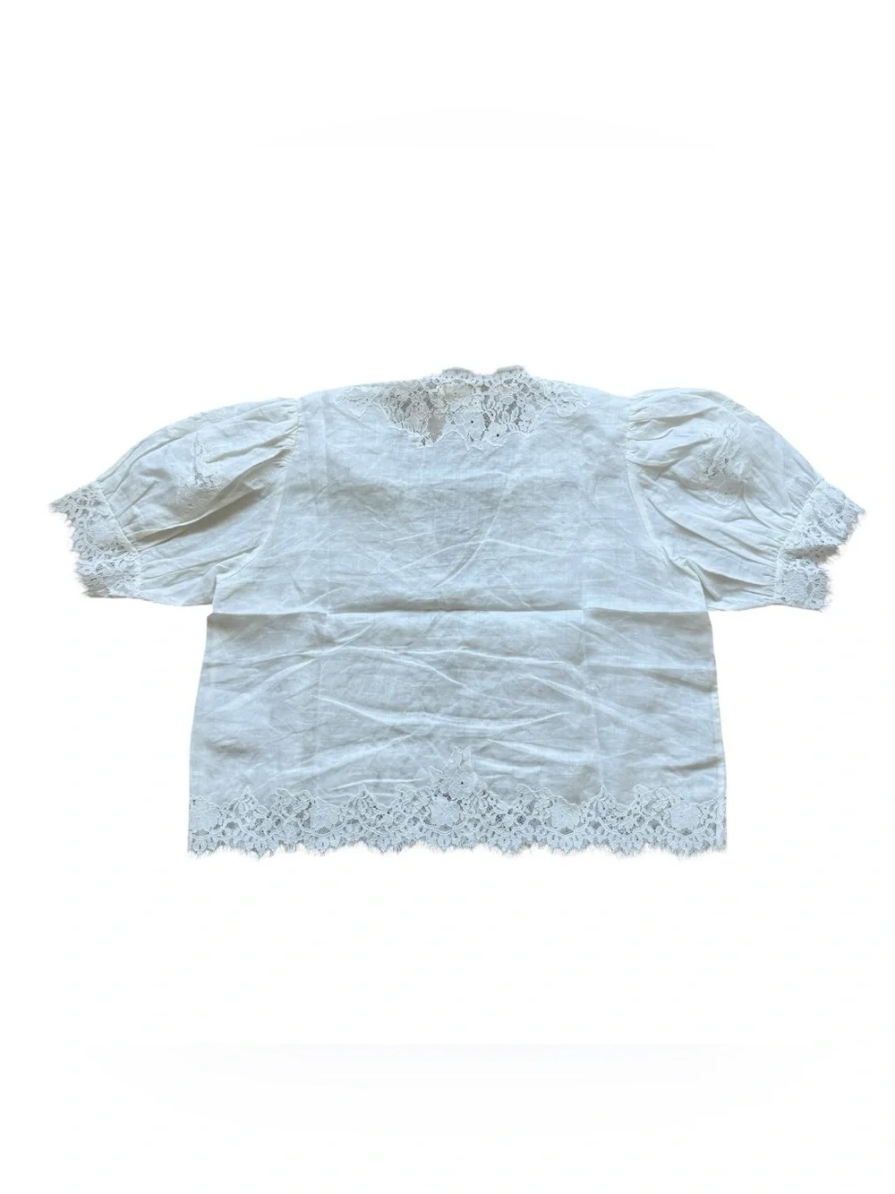 DÔEN Idella Top Salt White Lace Ramie Puff Sleeve Romantic Blouse L Cottagecore